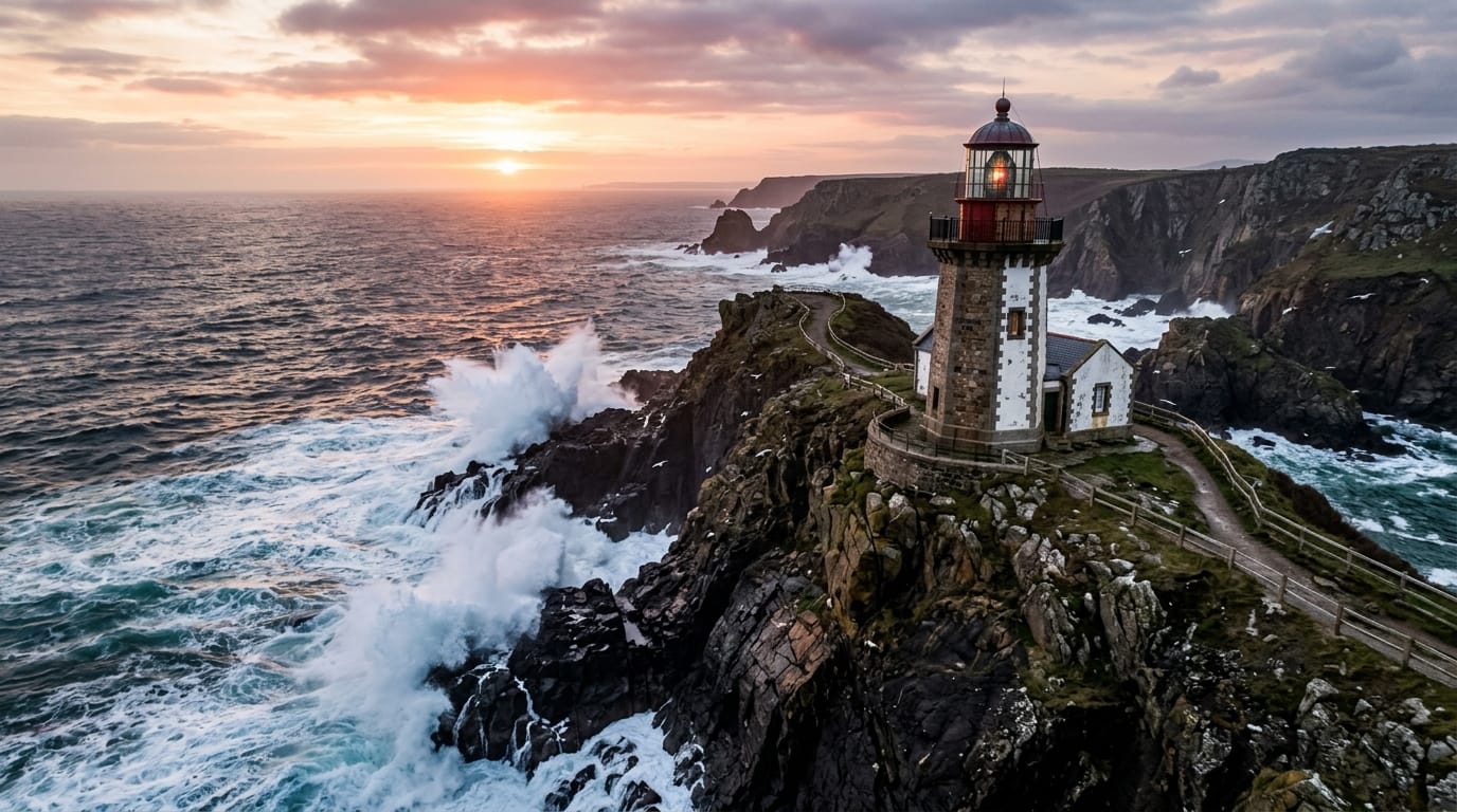 夕暮れ時の海辺の崖に立つ古い灯台、波が激しく岩に打ち付ける様子、ドローンによるゆっくりとした空撮ショット、波の音とカモメの鳴き声