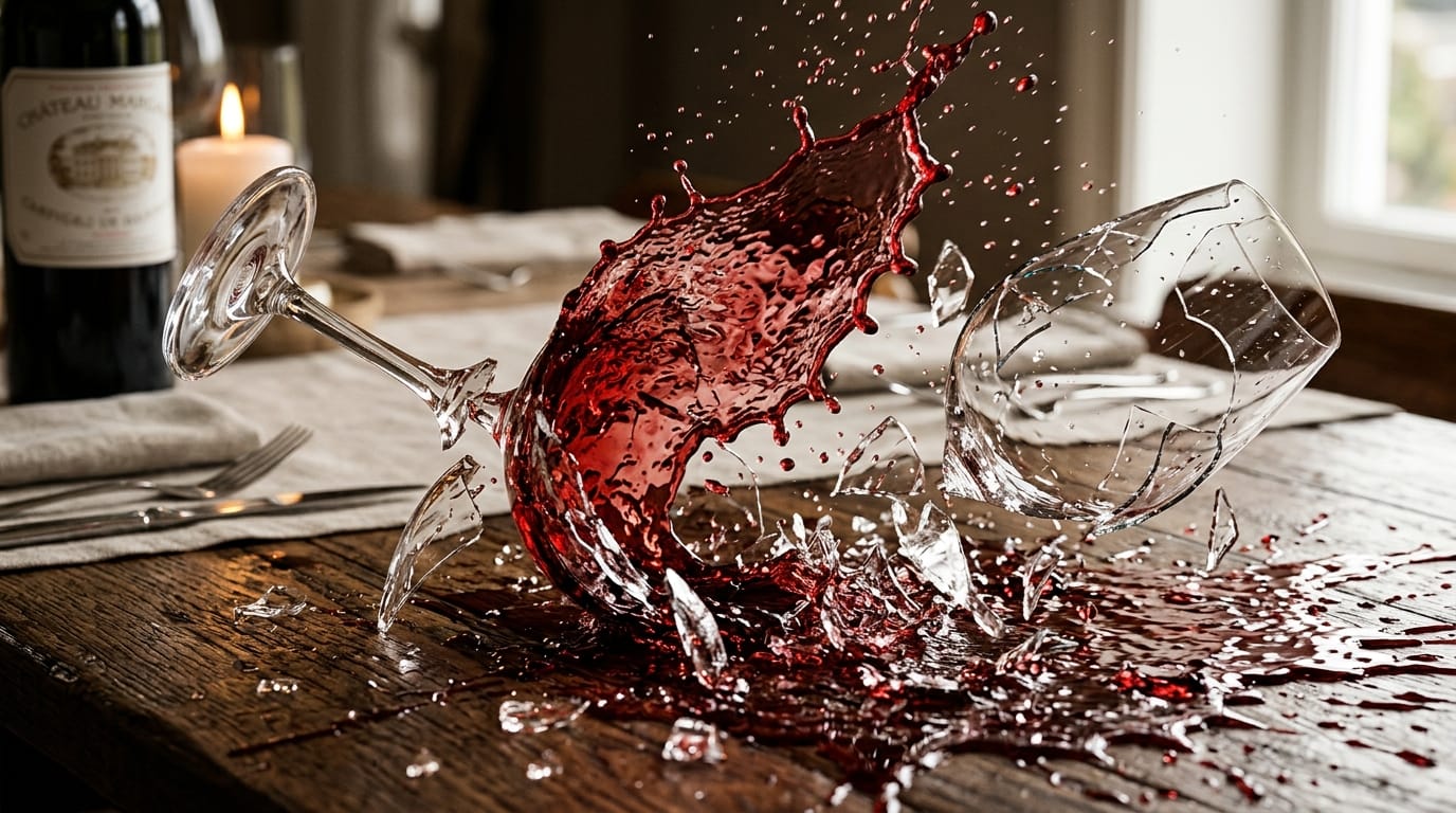 テーブルの上で倒れるワイングラス、こぼれる赤い液体と砕けるガラスの破片のスローモーション、リアルな光の屈折とガラスの割れる音
