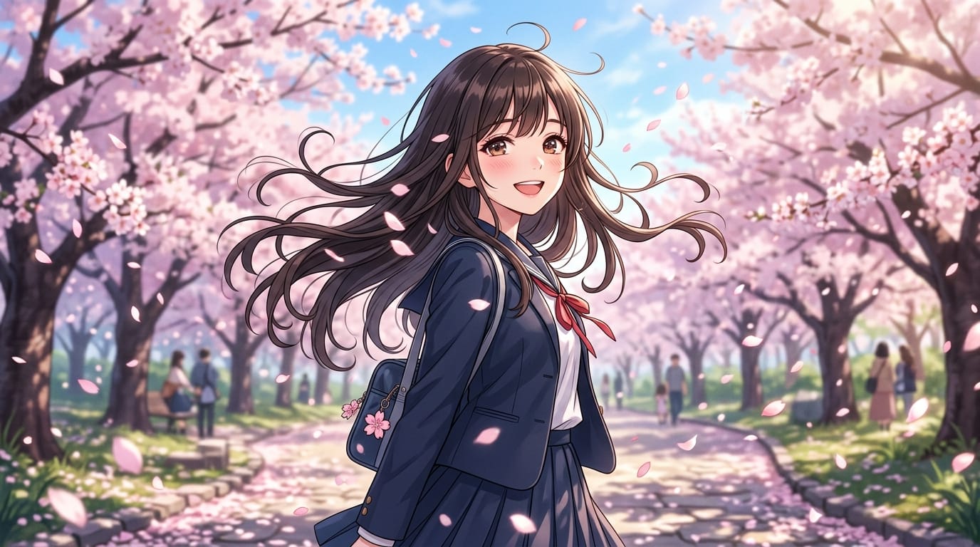 A girl with delicate and detailed anime-style expression smiling as her hair sways in the wind. Cherry blossom petals slowly falling in the background.