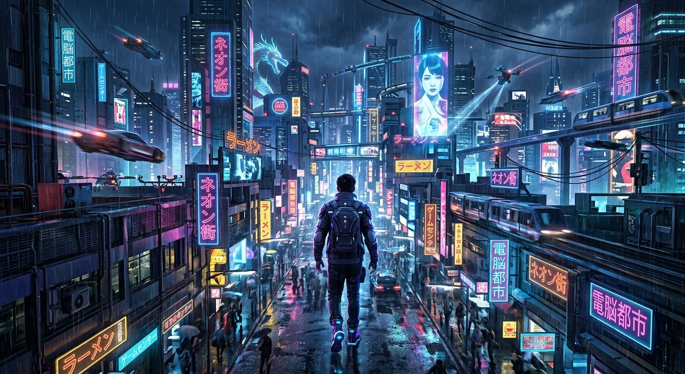 サイバーパンク風のネオン街を歩く若者、カメラは背後から追従し、徐々に上空へパンアップして街全体を映し出す。雨の反射が路面に光る。
