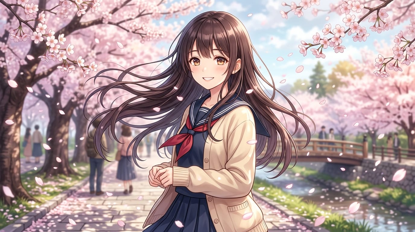 繊細で緻密なアニメ調表現の少女が風に髪を揺らしながら微笑む。背景の桜の花びらがゆっくりと舞い散る。