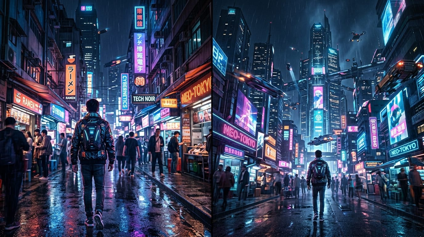 A young person walking in a cyberpunk neon street, camera follows from behind, gradually panning up to reveal the whole city. Rain reflections glowing on the wet street.