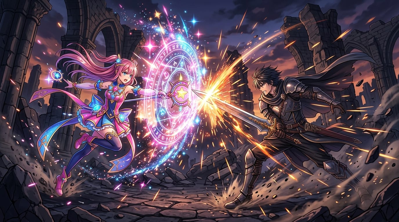 1 magical girl and 1 swordsman, intense battle scene, magic lights, flying sparks, dynamic composition, high saturation, delicate and highly detailed anime style, sharp lighting, crumbling ruins in the background