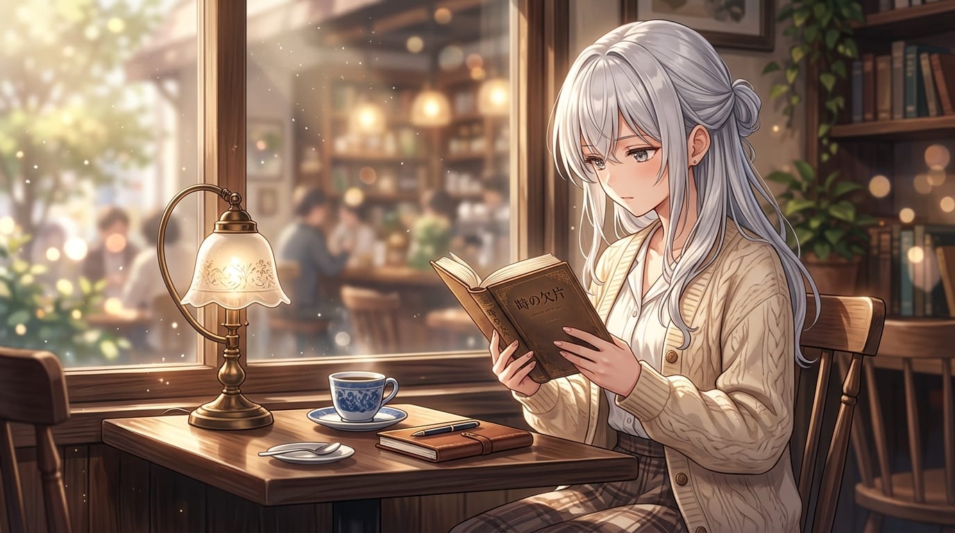 カフェで読書をする銀髪の美少女、柔らかな午後の日差し、アニメ調ならではの光の表現、テーブルの上にコーヒーカップとアンティークのランプ、被写界深度による背景のボケ量、リッチな画風、高解像度