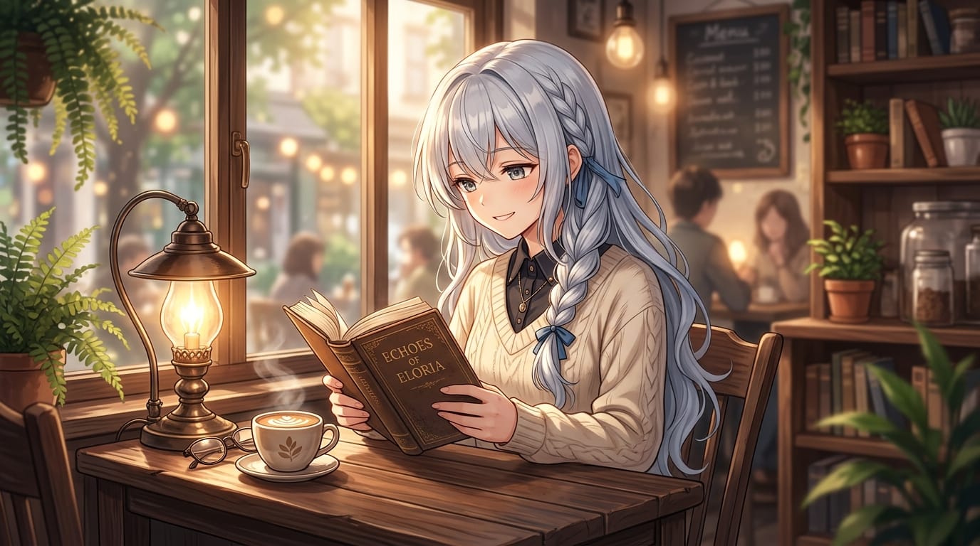 Silver-haired beautiful girl reading a book in a cafe, soft afternoon sunlight, anime-style lighting expression, coffee cup and antique lamp on the table, depth of field background blur, rich art style, high resolution