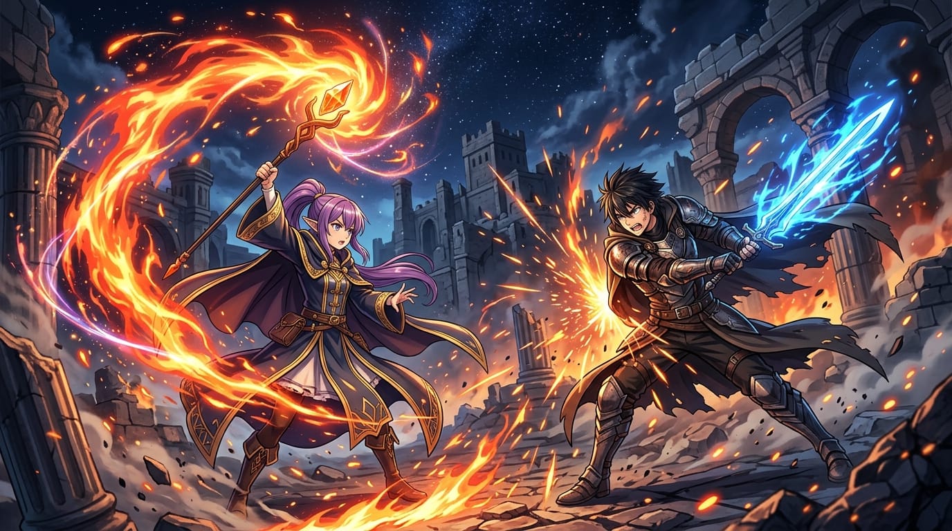 1人の魔法使いの少女と1人の剣士、激しい戦闘シーン、魔法の光、舞い散る火の粉、ダイナミックな構図、高彩度、繊細で緻密なアニメ調表現、シャープなライティング、背景に崩れかけの遺跡