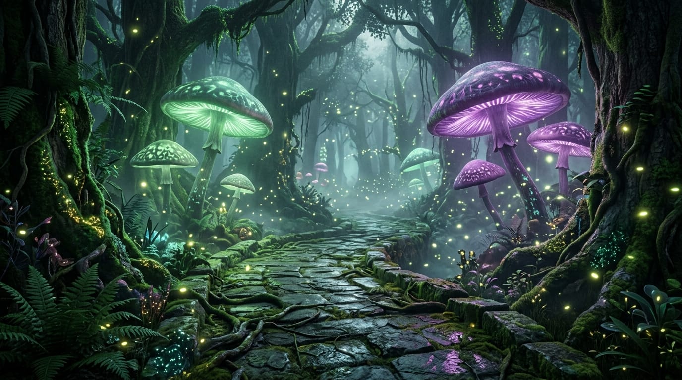 現実とファンタジー表現の境界にあるような魔法の森の風景。巨大な光るキノコと古代の石畳。霧が立ち込める中、ホタルが飛んでいる。全体的にエメラルドグリーンと紫のカラーパレット。実写のようなリアルな質感と、アニメ調ならではの光の表現が融合した幻想的な仕上がり。
