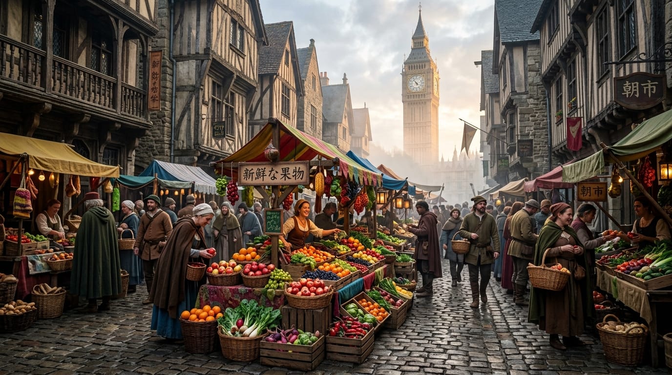 ヨーロッパの古い街並みを思わせるファンタジー都市の朝の市場。石畳の通りに並ぶ色鮮やかなフルーツの屋台。背景の小道具まで緻密に描かれており、人々の活気が伝わるスナップショットであること。朝霧の中にそびえ立つ時計塔が遠景に見える。