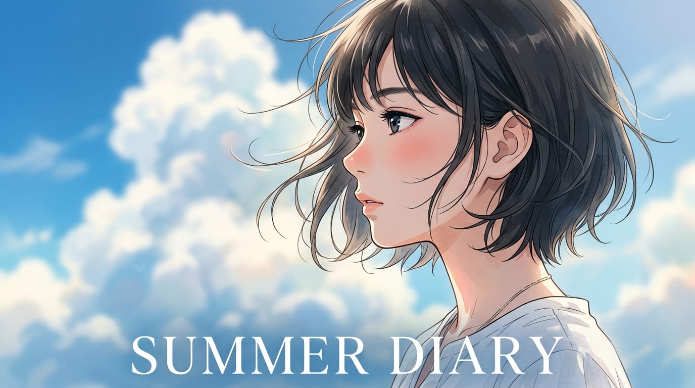 繊細なアニメ調表現で描かれた少女の横顔のクローズアップ。風になびく短い髪と、遠くを見つめるシャープな目の描写。背景にはぼやけた夏の青空と入道雲。画像の中央下部に「SUMMER DIARY」という白いスタイリッシュなフォントの文字がはっきりと配置されている。光の反射などのエッジがクリアで、透明感のある爽やかな雰囲気。