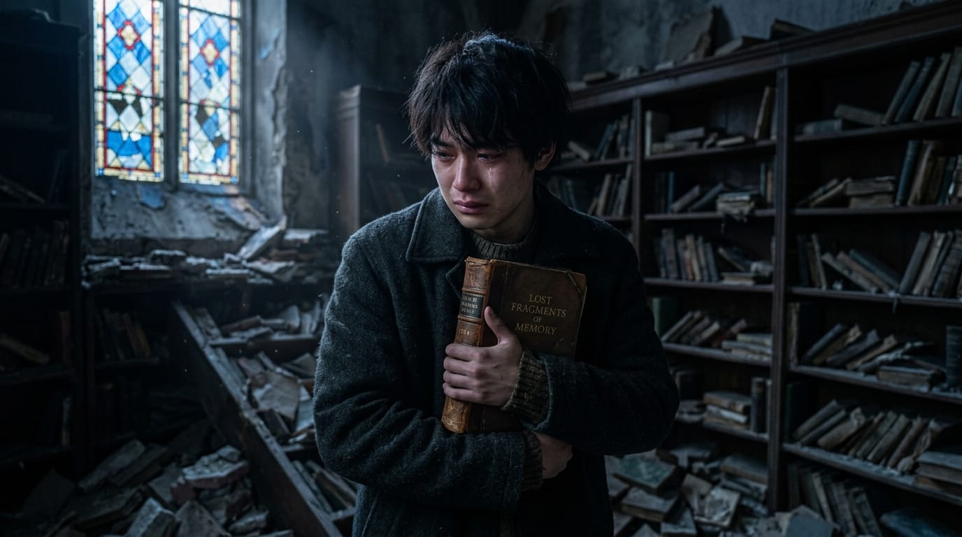 廃墟となった図書館で、古い本を抱きしめながら静かに涙を流す青年の半身像。ステンドグラスから差し込む月光が顔を照らしている。悲哀と安堵が入り交じった複雑な表情。服の質感や背景の崩れた本棚のディテールがシャープに描かれている。