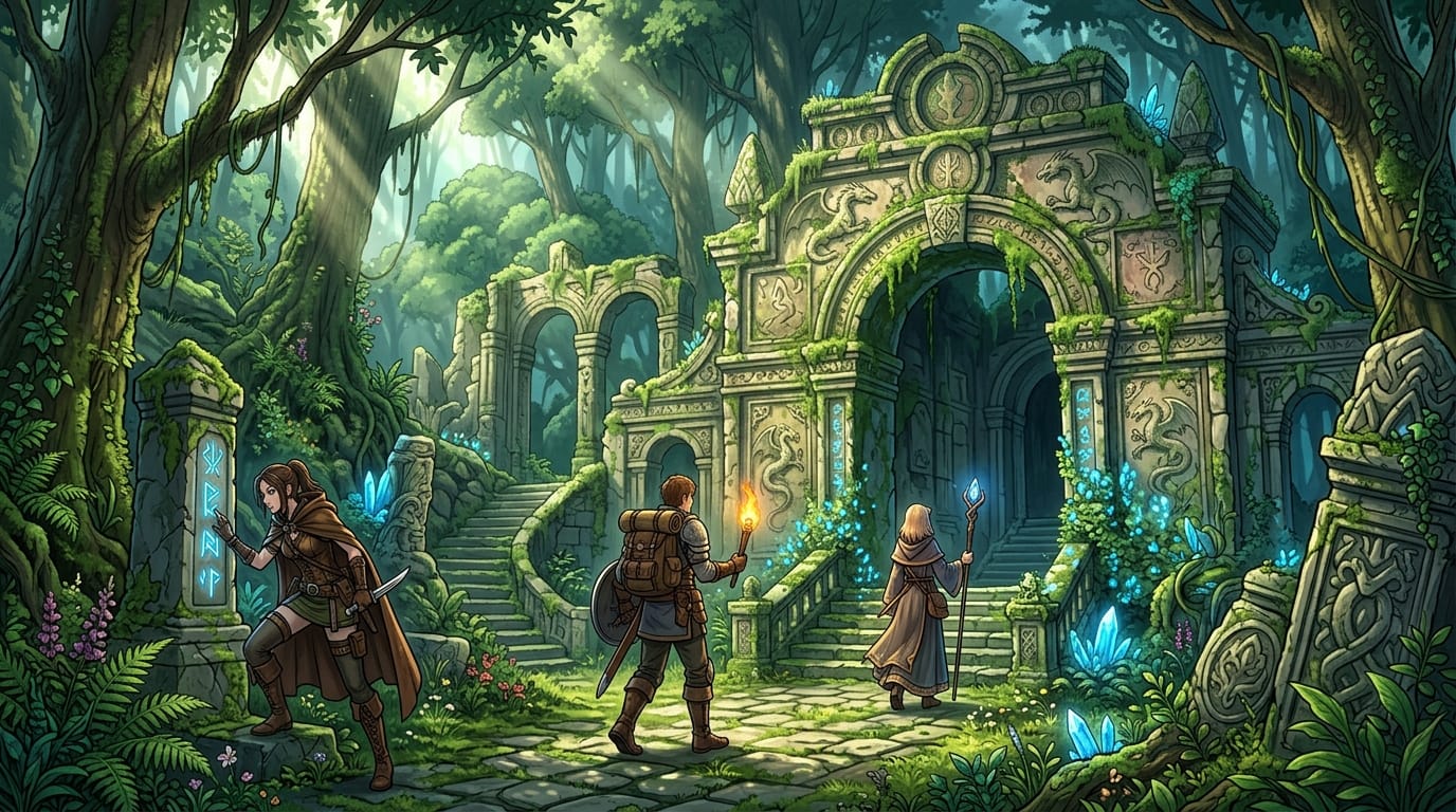 ファンタジー世界、古代の遺跡を探索する冒険者、鬱蒼とした森、木漏れ日、神秘的な雰囲気、繊細で緻密なアニメ調表現