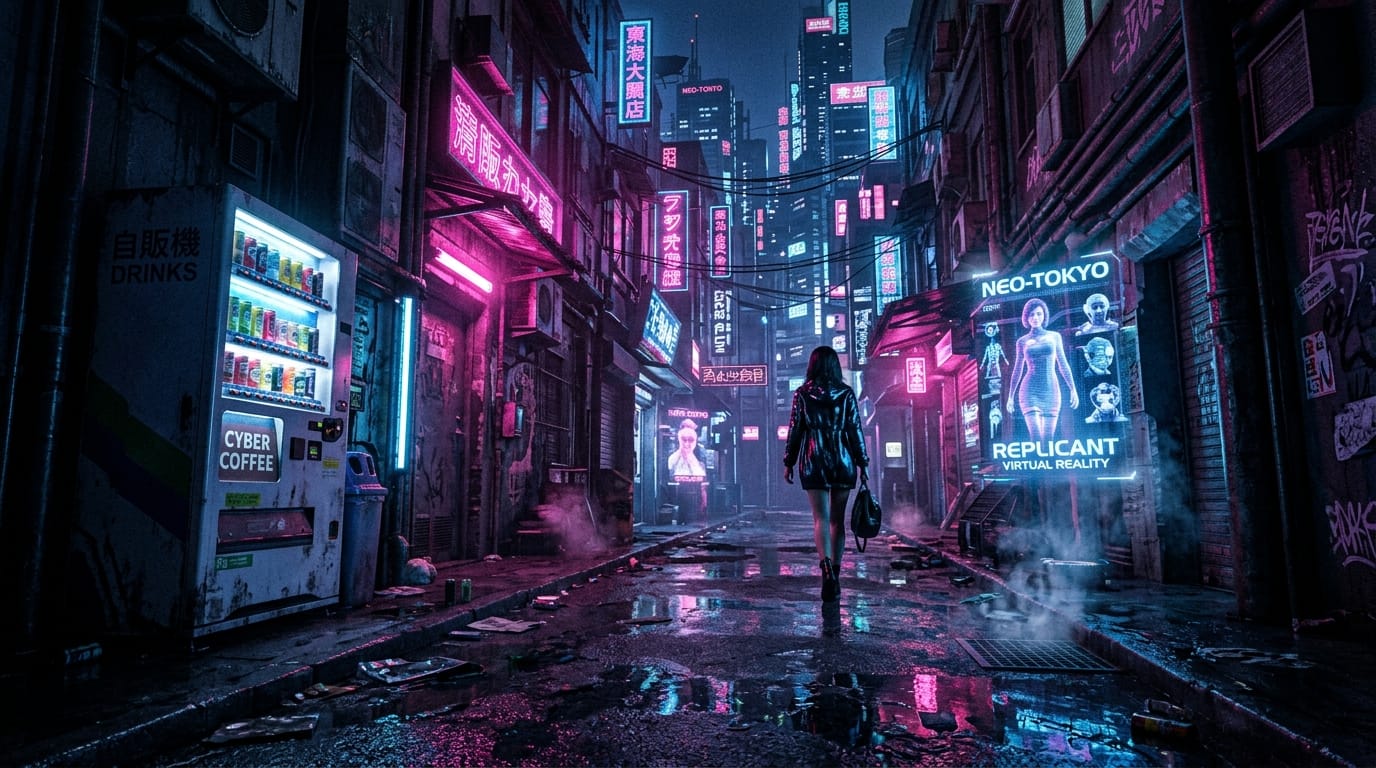 サイバーパンク風のネオン街、雨上がりの路地裏、鮮やかなピンクとブルーの照明、ローアングル、背景の小道具として自動販売機とホログラム看板、シネマティックなライティング