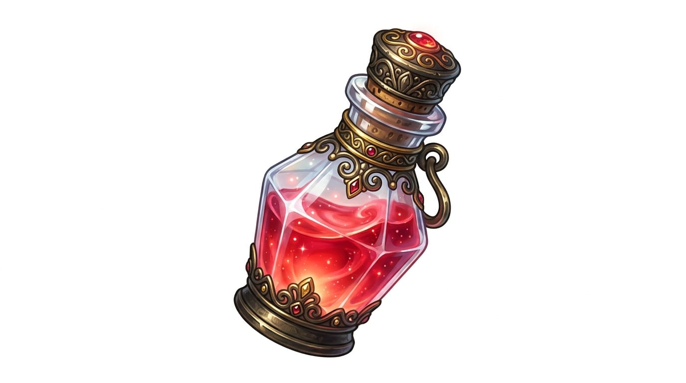 回復の魔法のポーションが入ったクリスタルの小瓶、赤い輝く液体、アンティークな装飾が施されたコルク栓、クリーンな白の単色背景、2Dゲームのアイテムアイコン、鮮やかな色彩