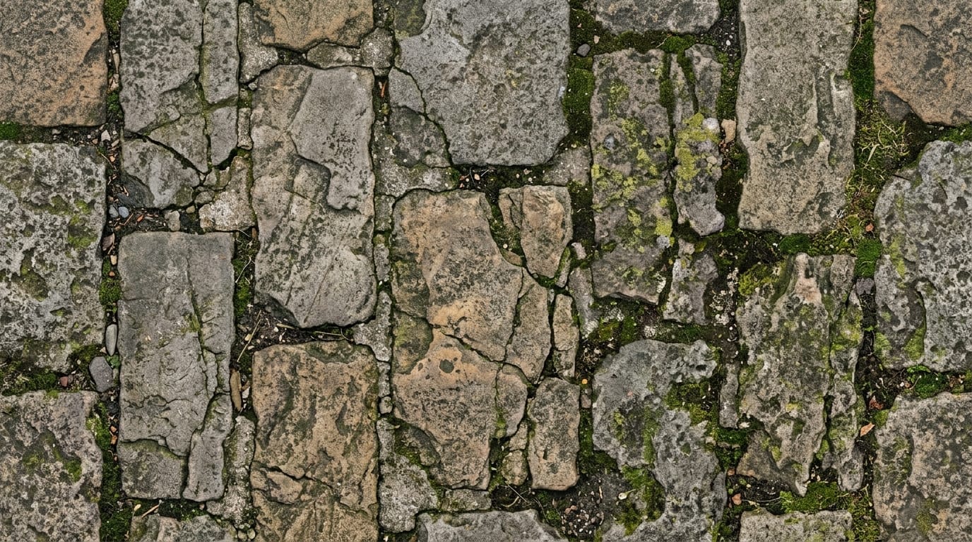 古びた石畳のテクスチャ、苔むした表面、深いひび割れ、フラットなライティング、トップダウン視点、シームレスなパターン、高解像度のマテリアル素材