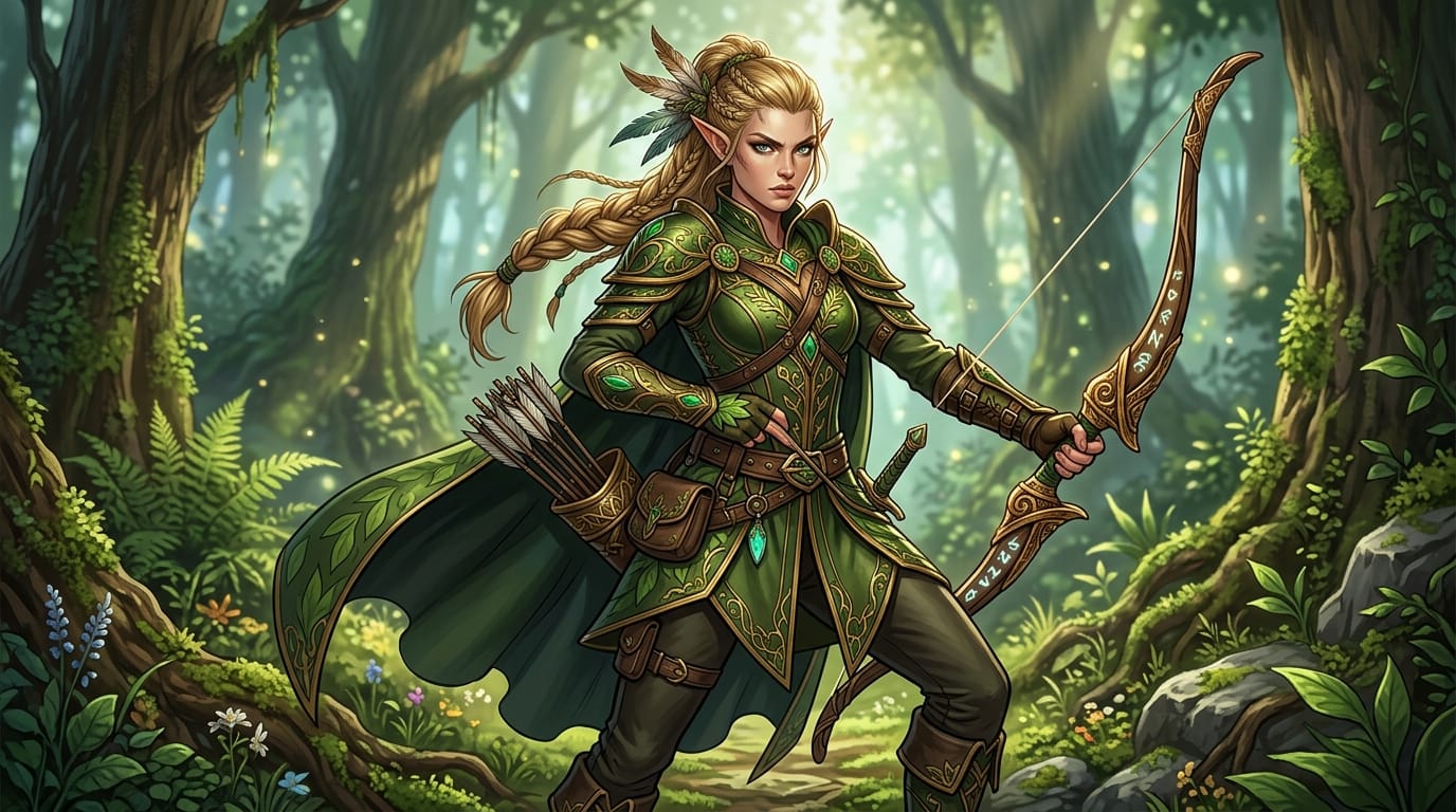 ファンタジーRPGの女性エルフのアーチャー、緑と金の革鎧、鋭い視線、森の背景、柔らかい自然光、高品質な2Dゲームキャラクターイラスト