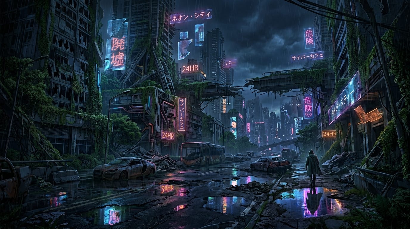 廃墟となった近未来の都市景観、ネオンサインが反射する水たまり、植物に覆われた建築物、シネマティックな照明、ゲームの背景美術、高精細なディテール