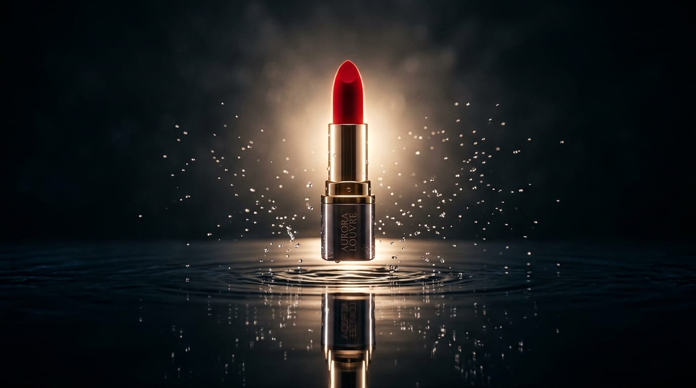 暗い背景の中に浮かび上がるように配置された赤いリップスティック、底面には薄く水が張られており美しい反射を作り出している、背後から当たるドラマチックなバックライト、微細な水しぶきが空中に舞っている瞬間、極めてリアルな材質感、高級コスメの広告写真、8k