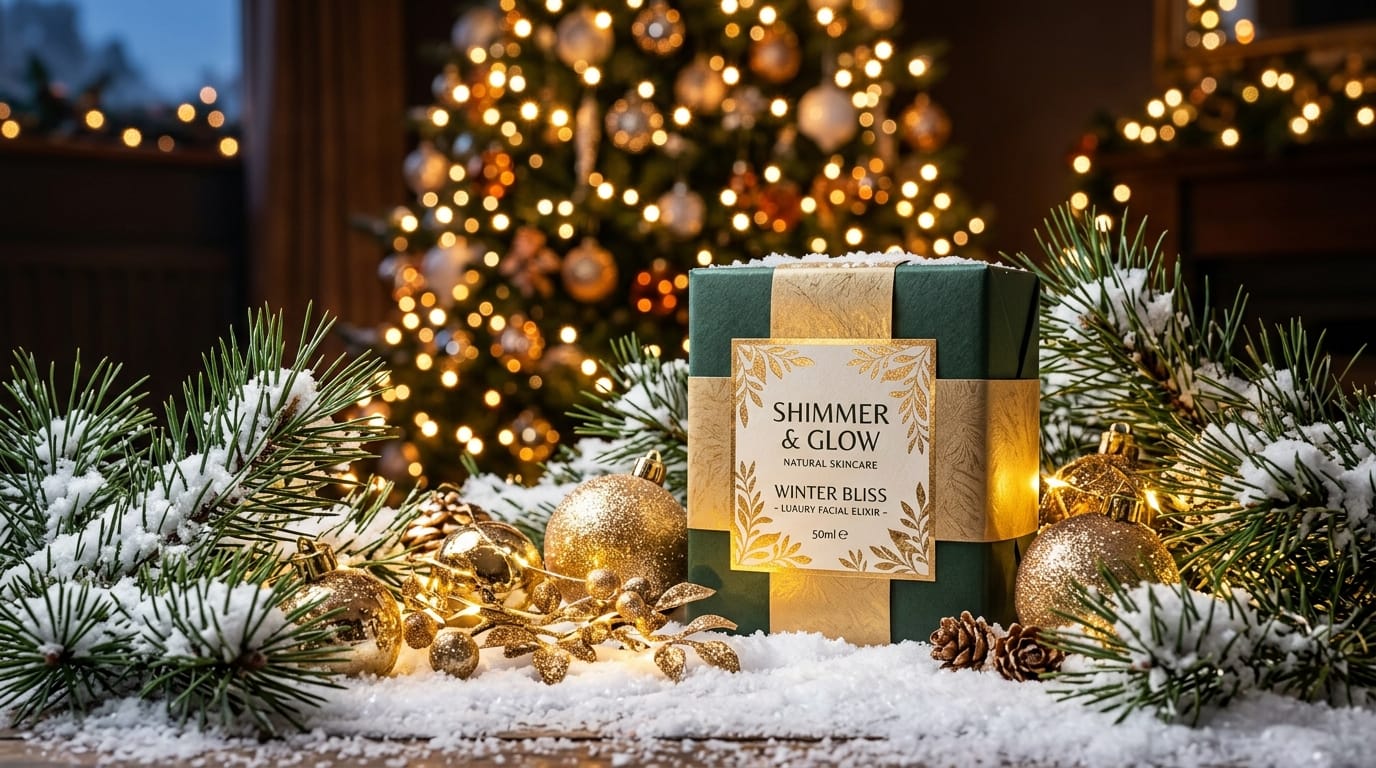 雪の積もった松の枝と輝く金色のオーナメントに囲まれた商品、背景にはぼやけたクリスマスツリーのイルミネーションの光、冷たい冬の空気感と暖かみのある照明のコントラスト、ホリデーシーズンの華やかな商業広告写真、クリアなエッジ、高解像度