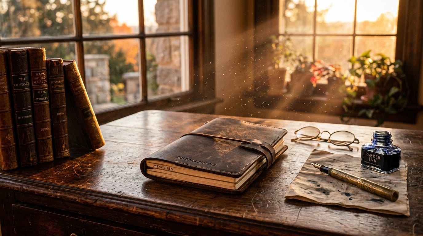 アンティークな木製のデスクの上に配置された商品、周囲には古い本と真鍮の万年筆が添えられている、窓から差し込む斜めの暖かな夕日、埃が光に反射してキラキラと輝いている、ノスタルジックで高級感のある雰囲気、被写界深度の浅いプロフェッショナルな商品撮影