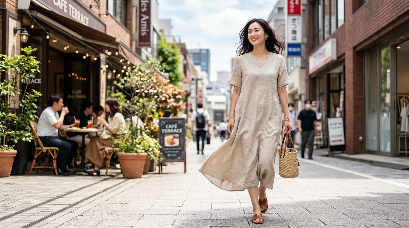 明るい自然光が差し込む都会のストリートで、風になびく軽やかなリネンのサマードレスを着たエレガントな女性モデル、ドレスの繊細な織り目と柔らかなシワのディテール、背景は適度にぼやけたカフェのテラス、ファッション誌の表紙のような商業写真、シャープなディテール、高解像度
