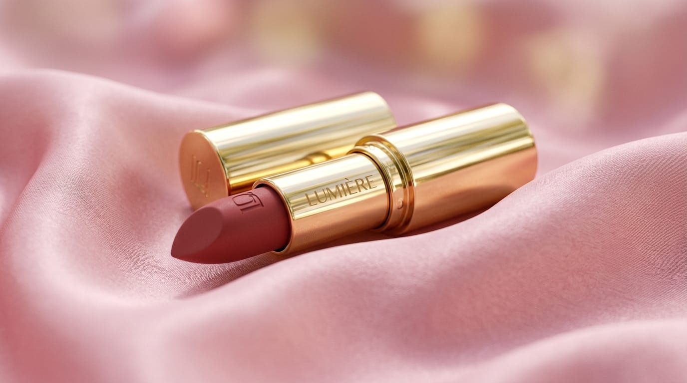 ピンク色のシルクの布の上に置かれた高級なリップスティック。布が微風で柔らかく波打ち、リップスティックの金属部分に当たる光が美しく反射してきらめく。マクロ撮影による高解像度な映像。