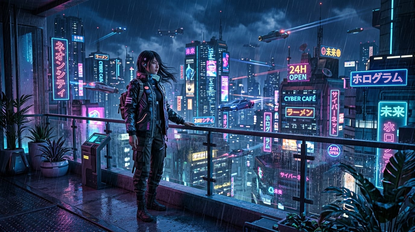 サイバーパンク風の都市のバルコニーに立つキャラクター。背景のネオンサインがゆっくりと点滅し、夜空を飛行車が通り過ぎる。雨が静かに降っており、キャラクターの髪や衣服が風でわずかに揺れる。