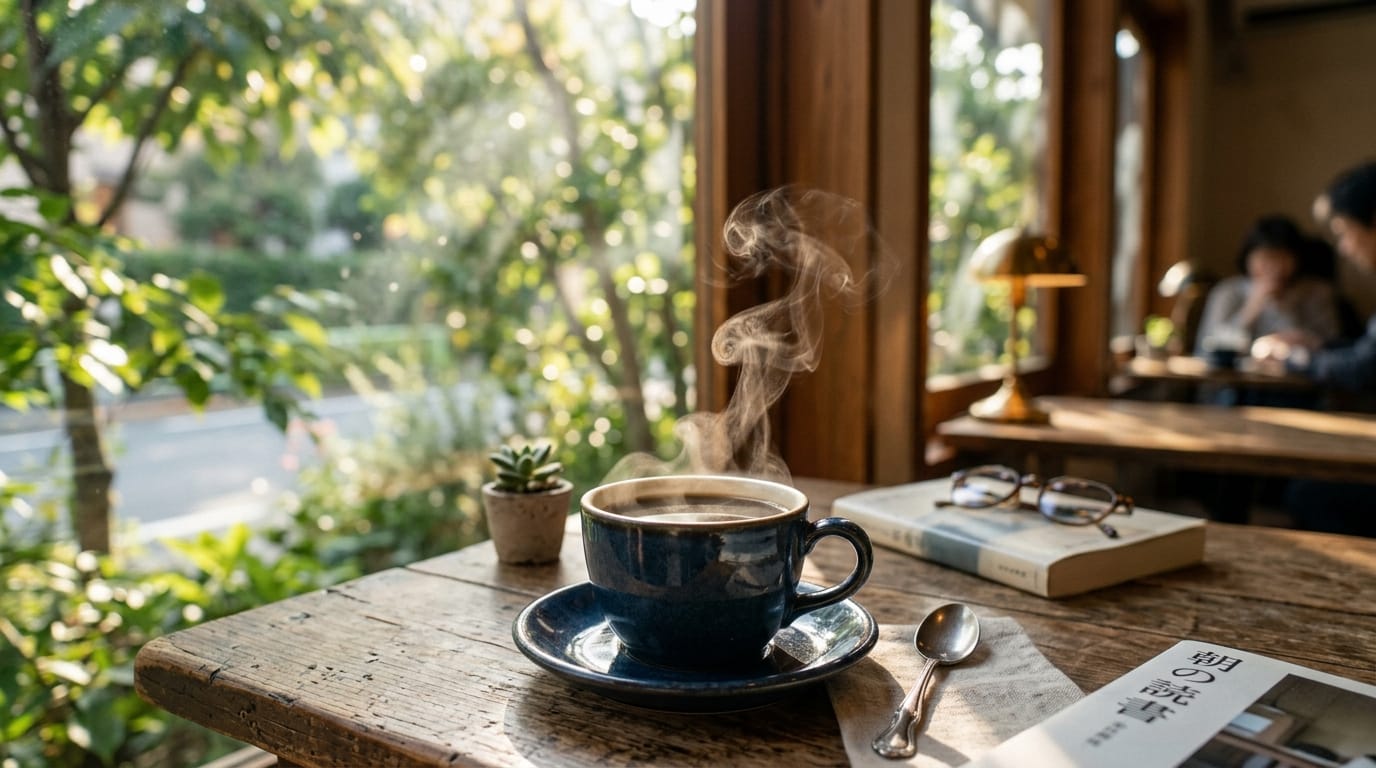 テーブルの上に置かれたコーヒーカップから、ゆっくりと温かい湯気が立ち上る。背景にあるカフェの窓外では木漏れ日が優しく揺れており、全体的に朝の爽やかで落ち着いた雰囲気が漂う。