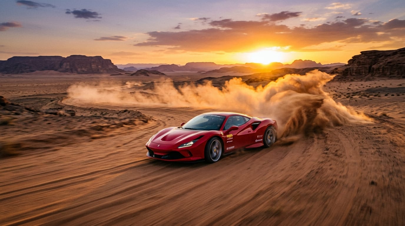 黄金色の夕日を背景に、砂漠を疾走する赤いスポーツカーの空撮映像。タイヤから砂埃がダイナミックに舞い上がり、カメラは車に急速に近づきながら並走する。映画のような重厚な色調と滑らかな動き。