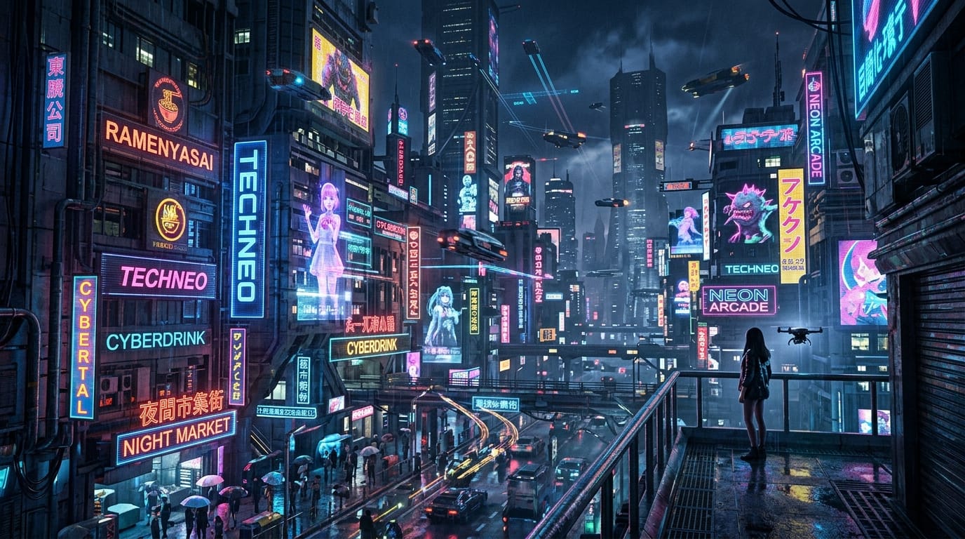 提供されたラフ画に基づく、サイバーパンク風の街並みとネオンサイン、夜の風景、高解像度のコンセプトアート