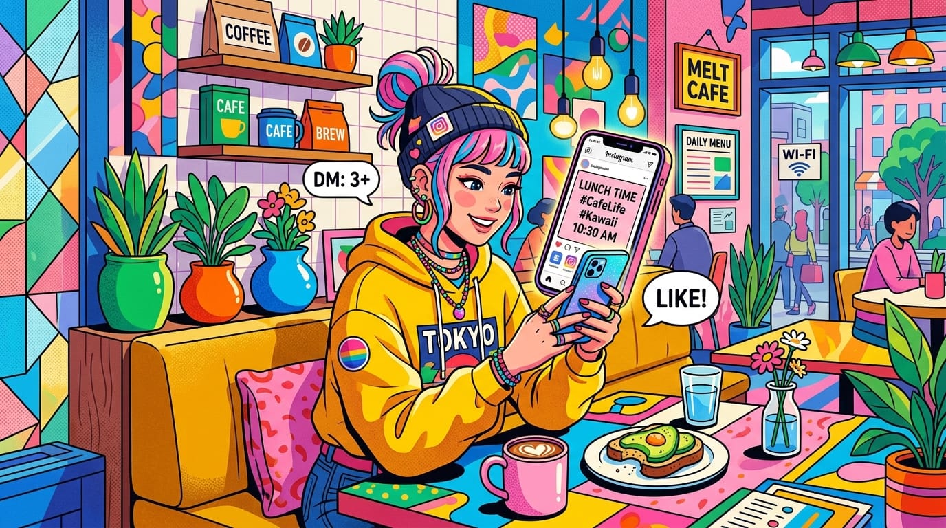 鮮やかな色彩で描かれた、カフェでスマートフォンを見る現代的な若者のイラスト、ポップなフラットデザイン、SNS向け、高コントラスト