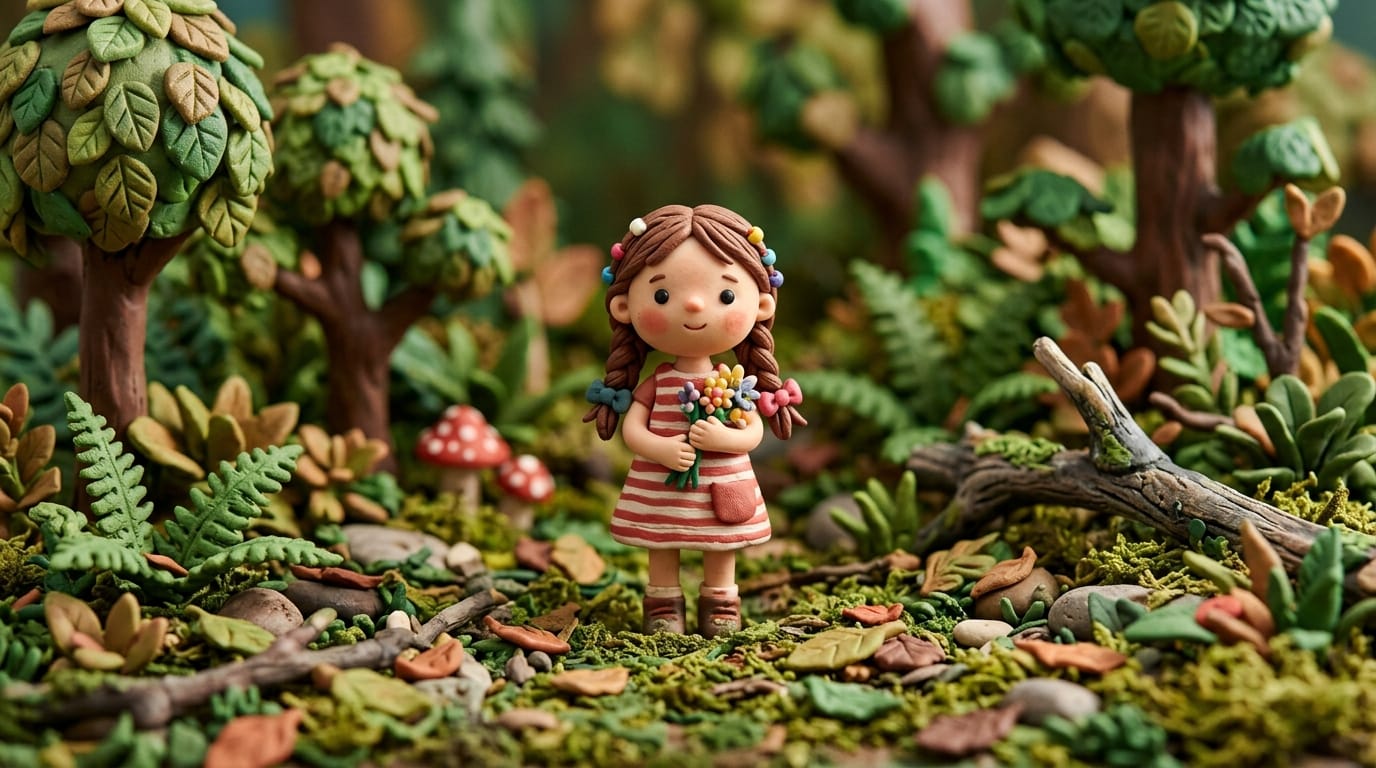 A cute little girl made of clay, standing in a miniature forest diorama, claymation style, macro photography, shallow depth of field, studio lighting, detailed plasticine texture, high quality, 8k