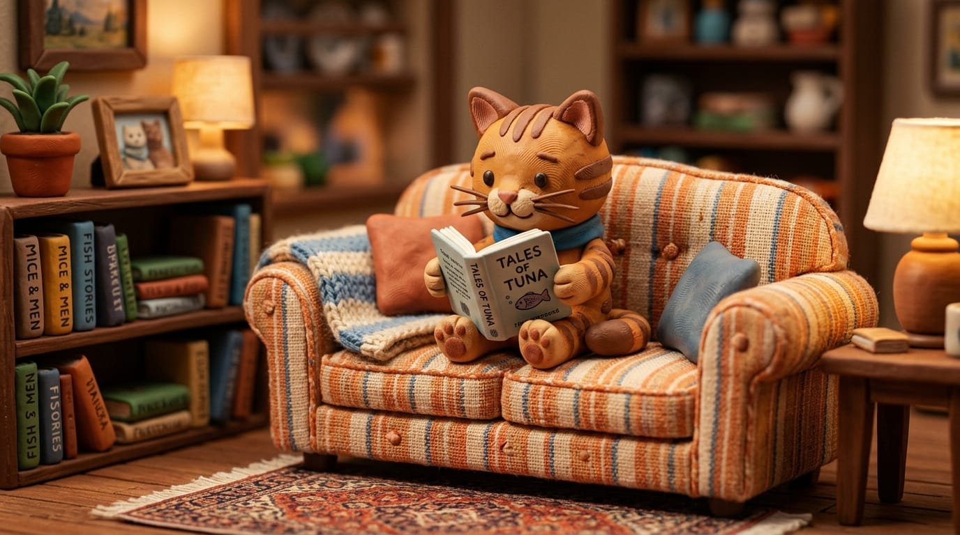 A cute little cat sitting on a cozy sofa, reading a book. Claymation style, made of plasticine, visible fingerprint textures on the clay surface. Macro photography, miniature diorama, shallow depth of field, warm studio lighting, cinematic, 8k resolution, highly detailed.