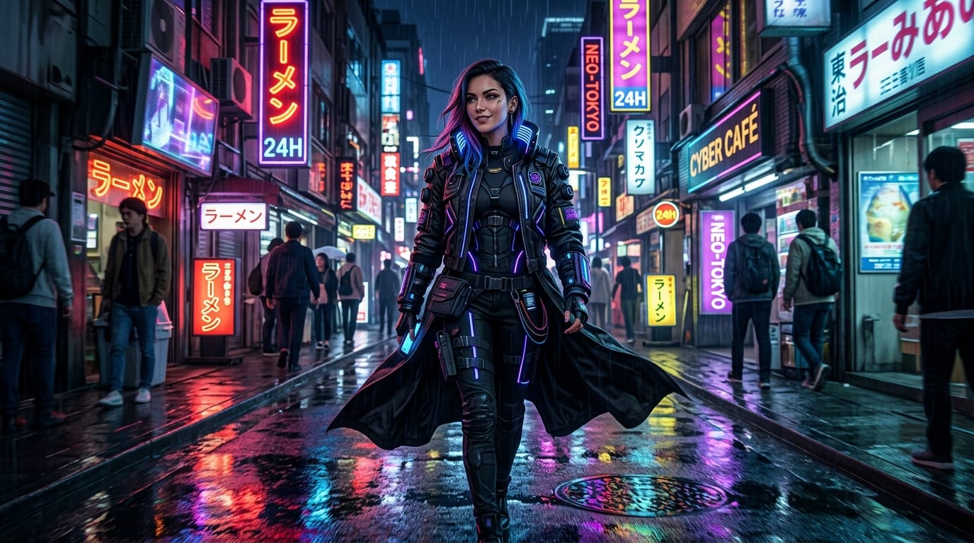 都会のネオン街を歩くサイバーパンク風の衣装を着た女性。カメラは彼女の周りを滑らかに回り込み、背景のネオンサインが水たまりに反射している。彼女の表情は自信に満ちており、歩くたびにコートの裾が自然に揺れる。