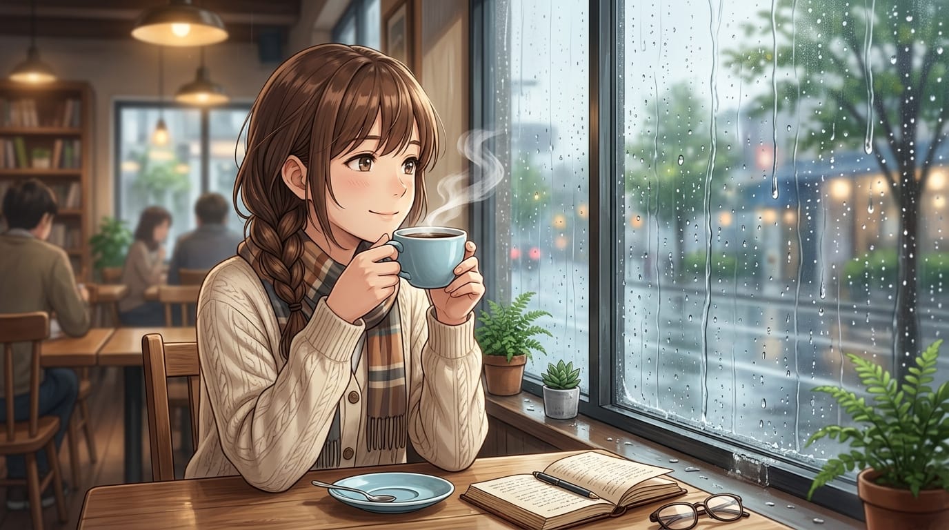 （参照画像：カフェでコーヒーを飲む女性のイラスト）女性がゆっくりとコーヒーカップを口に運び、一口飲んでから窓の外を眺めて微笑む。湯気が自然に立ち上り、窓ガラスには雨粒が流れている。