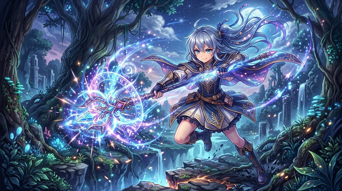 繊細で緻密なアニメ調表現、魔法の杖を持つ少女、輝くエフェクト、重厚な塗り、目の描写がシャープ、ダイナミックなポーズ、ファンタジー要素、高品質なイメージアート