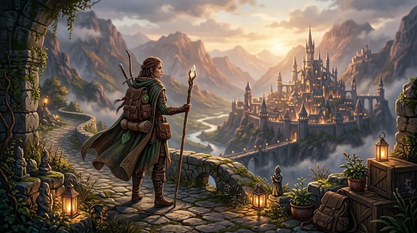 近年の人気作品に見られる繊細な画風のコンセプトアート、美しい光と影、緻密な背景の小道具、ファンタジー世界に佇む冒険者、シネマティックなライティング、被写界深度（ボケ量）を活かした構図