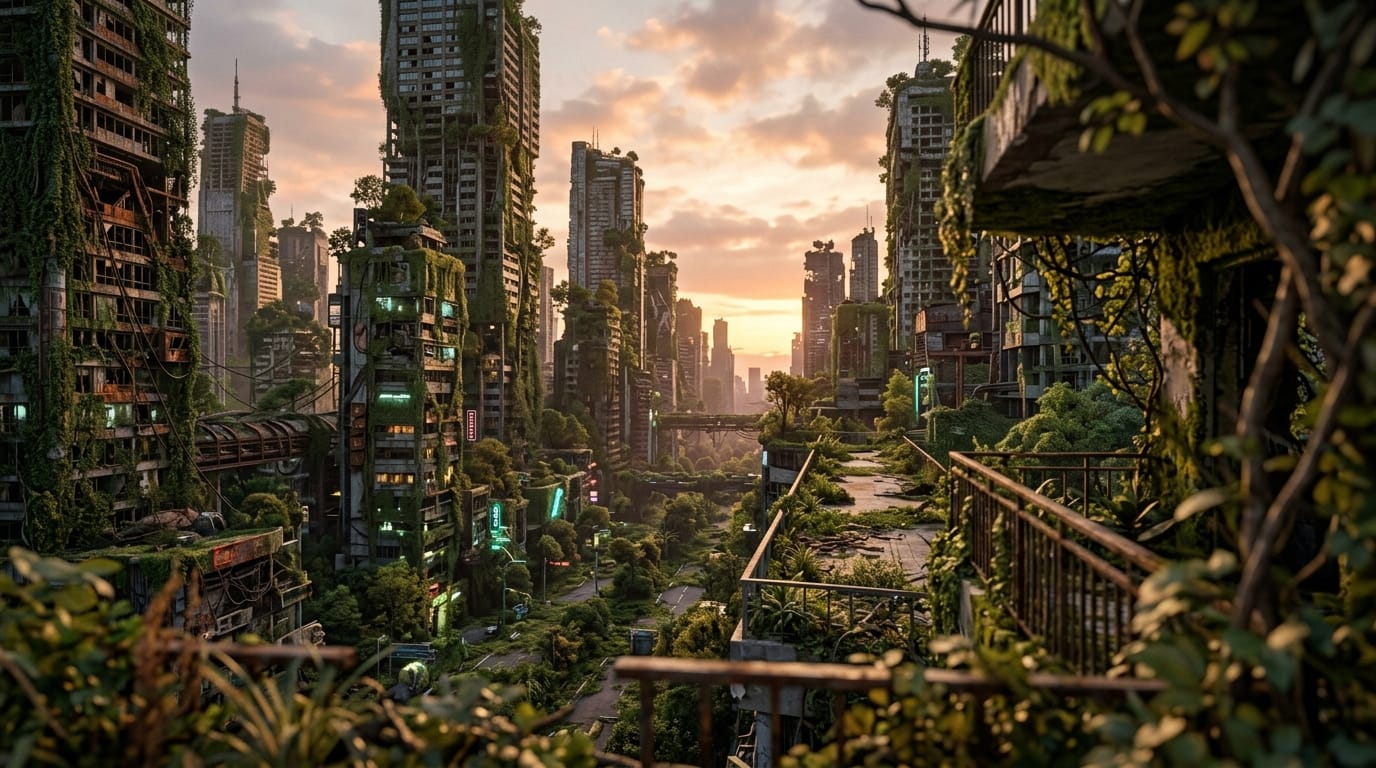 廃墟となった近未来の都市、自然と機械が融合した風景、植物に覆われた高層ビル、夕暮れの柔らかい光、手前のオブジェクトを使った前ボケ、シネマティックなアングル、高精細なディテール