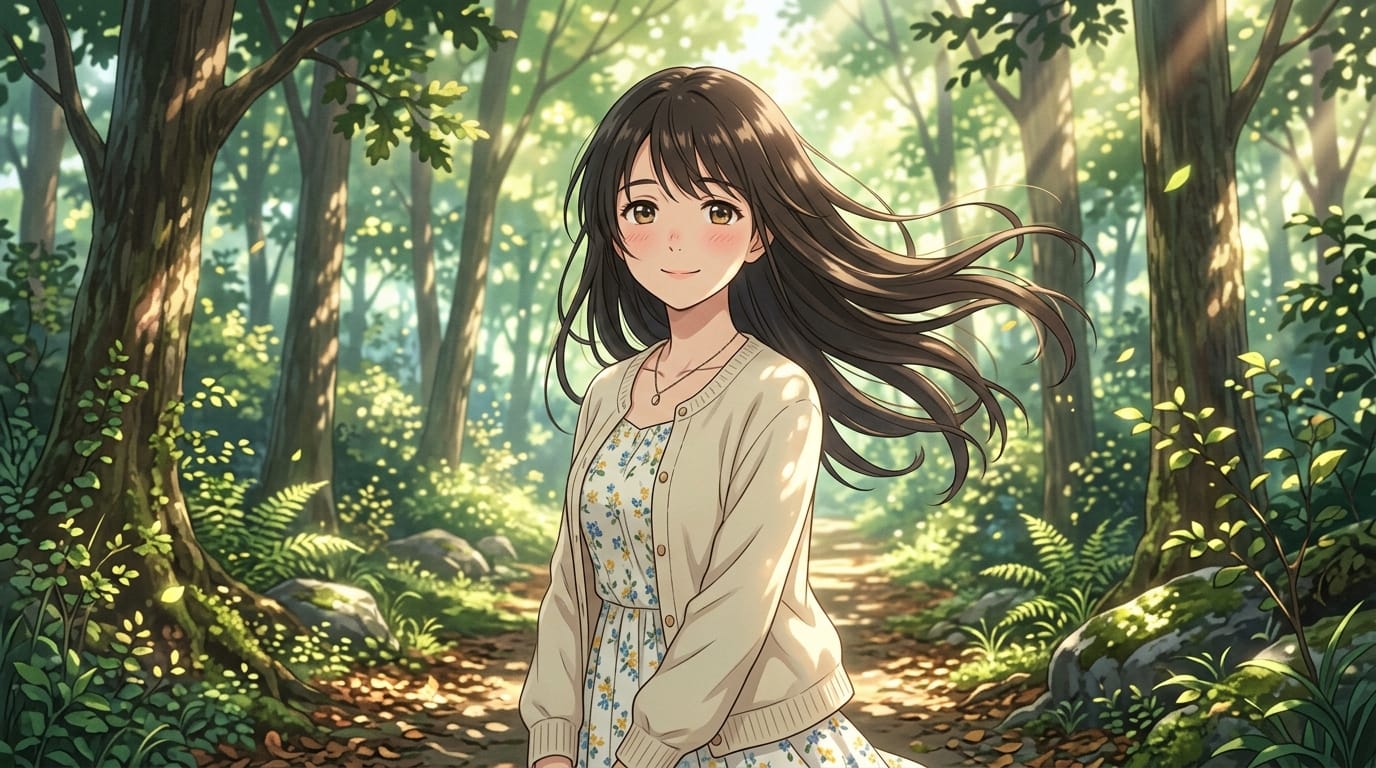 キャラクターが優しく微笑み、風で髪が自然に揺れる。背景の木漏れ日がゆっくりと動く、繊細で緻密なアニメ調表現。