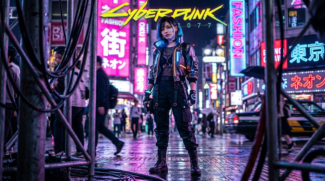 ファッション雑誌の表紙風のコンセプトアート、サイバーパンク風のストリートウェアを着た女性、ネオンの反射と極端な光源、極めてシャープなディテール、実写的なリアルさ、手前のオブジェクトを使った前ボケ、被写界深度（ボケ量）の調整。