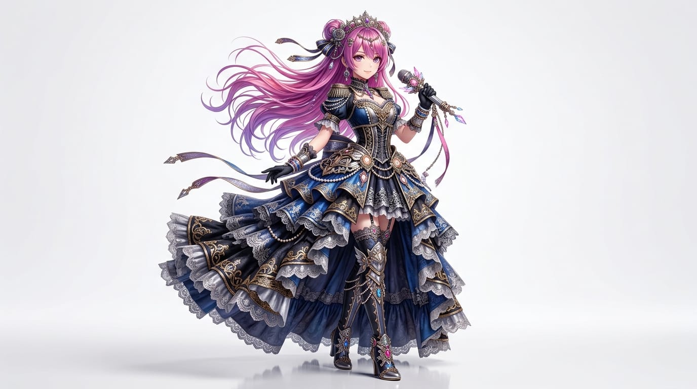 複雑なフリルと金属の装飾が施されたドレスを着たバーチャルアイドルの全身立ち絵、風になびく長い髪、スタジオライティングによる明確な陰影、プロフェッショナルなCGレンダリング、8k、高解像度、背景は白。