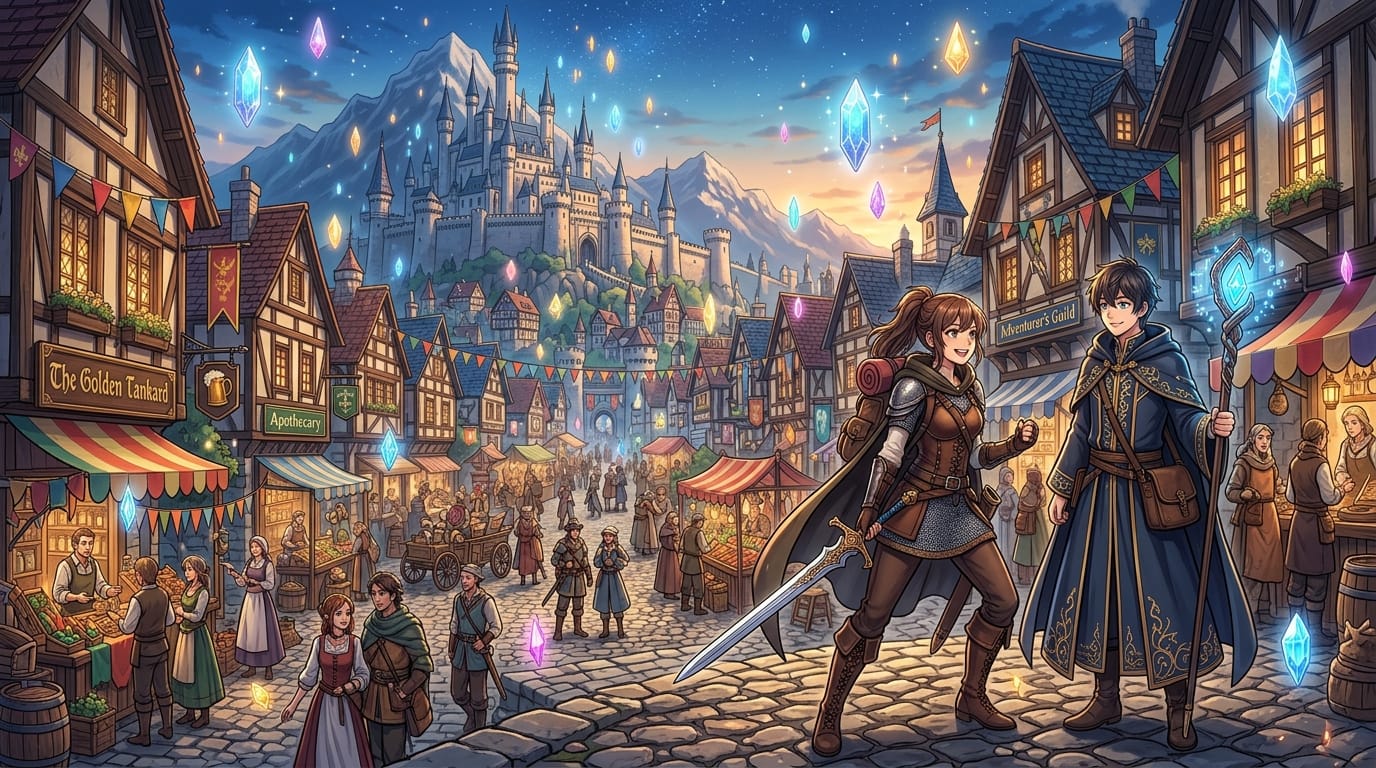 A highly detailed anime style illustration of an Isekai fantasy world, a bustling medieval town with cobblestone streets, glowing magic crystals floating in the air, a young adventurer with a sword and a wizard in a robe standing in the foreground, vibrant colors, dynamic lighting, masterpiece.