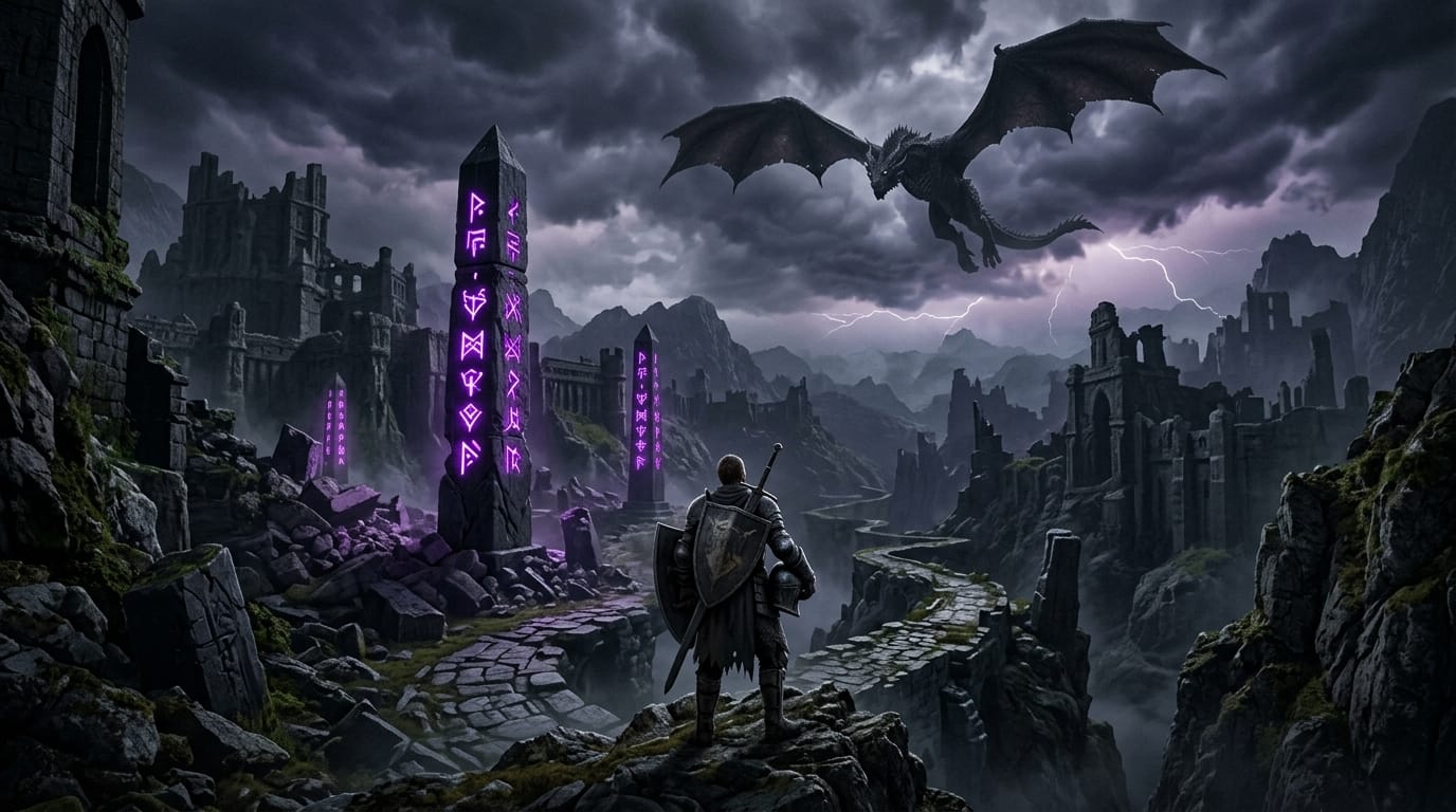 A wide angle shot of a dark fantasy Isekai landscape, ruins of an ancient magical empire, massive glowing purple runes carved into black stone monoliths, a lone knight in heavily battle-worn armor looking up at a giant dragon in the stormy sky, dramatic cinematic lighting, highly detailed.
