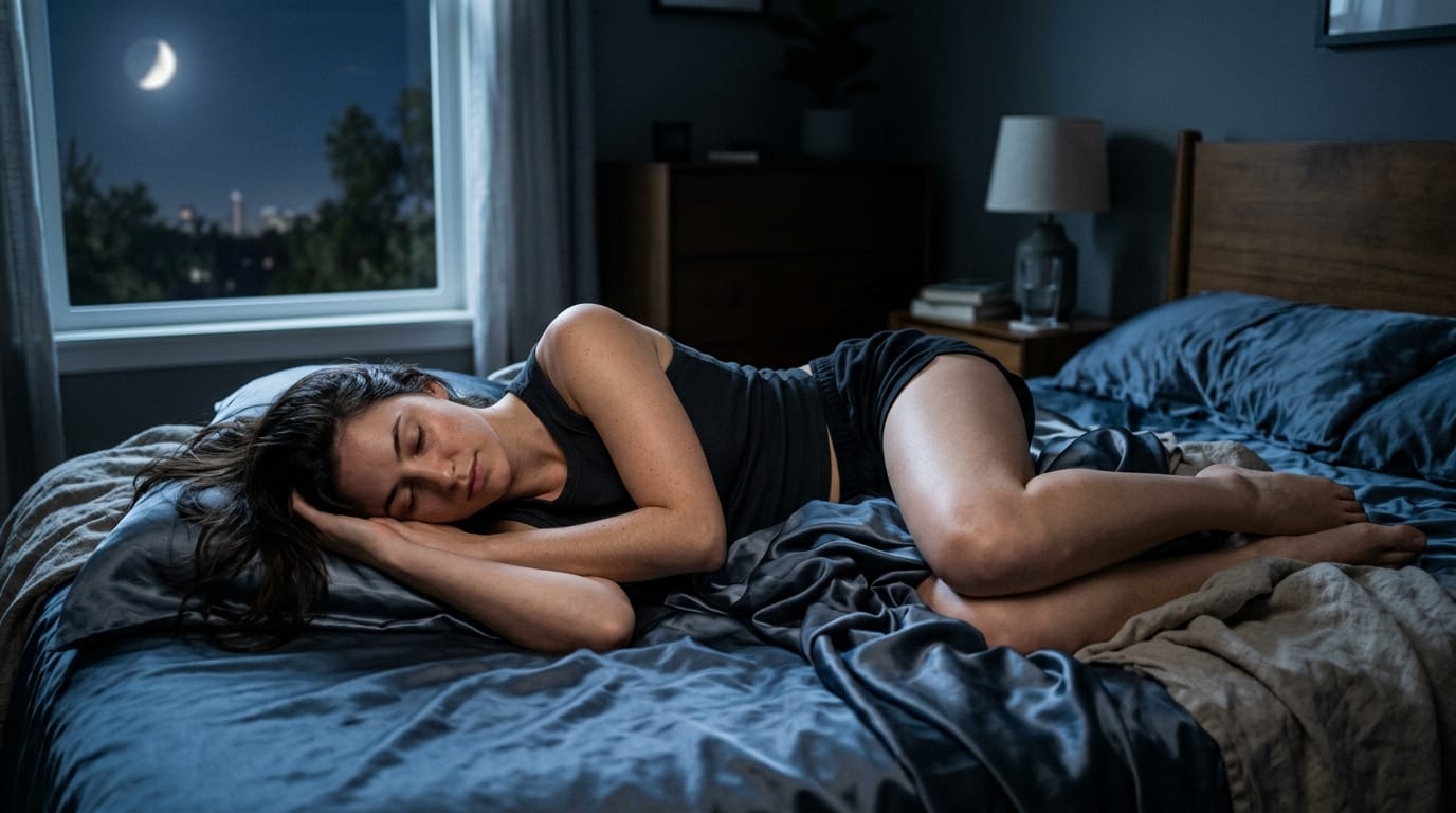 薄暗い寝室のベッドでくつろぐ人物、複雑なポーズ、柔らかいシルクのシーツの質感、窓から差し込む月光、正確な人体構造、高精細な肌のディテール、リアルな写真スタイル、被写界深度（ボケ量）の調整