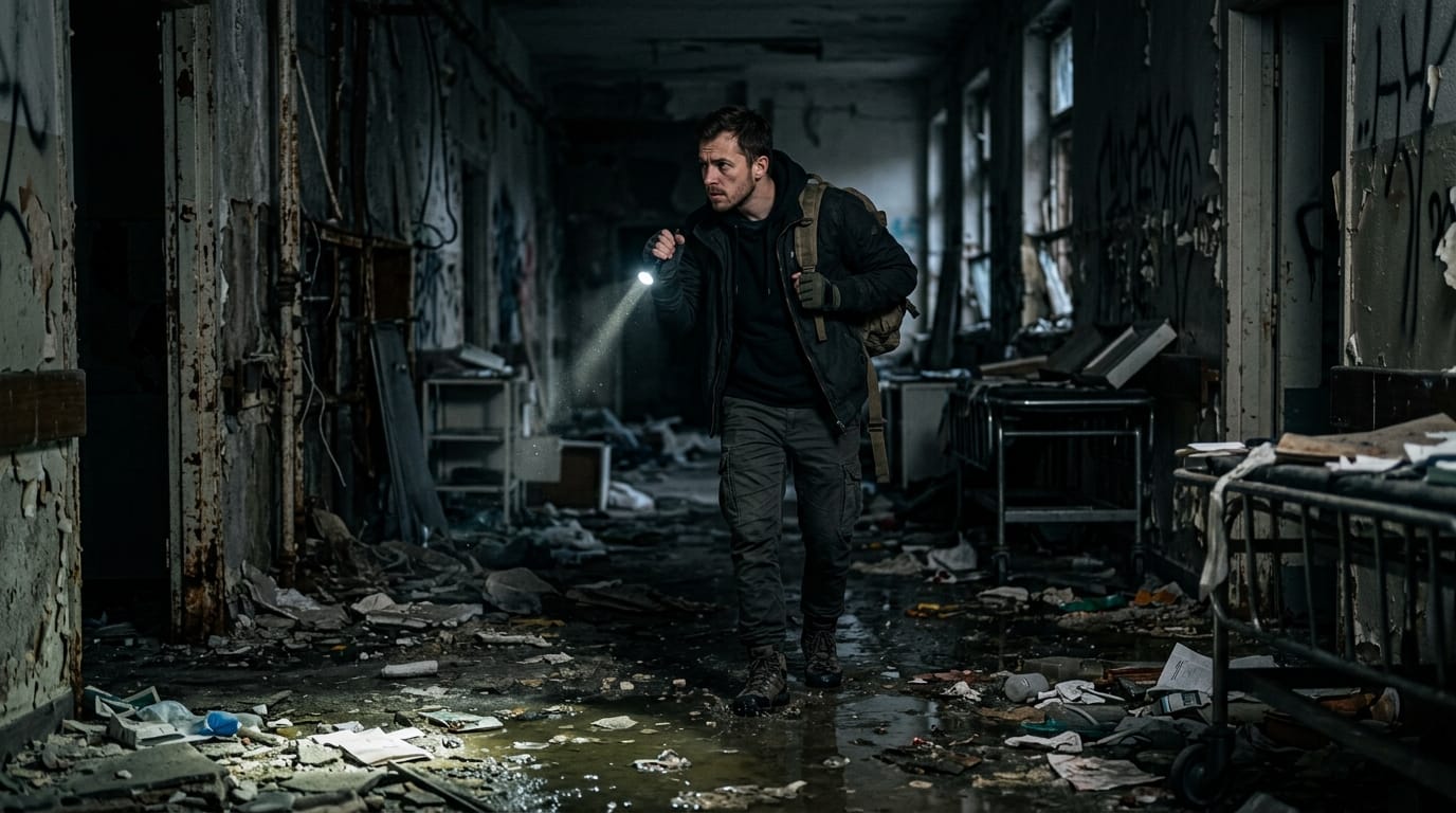 薄暗い廃墟の病院、懐中電灯の細い光、緊張した表情で探索する人物、床に散乱する瓦礫と濁った水たまり、実写的なリアルさ、サスペンス映画のようなシネマティックライティング、8k、高解像度