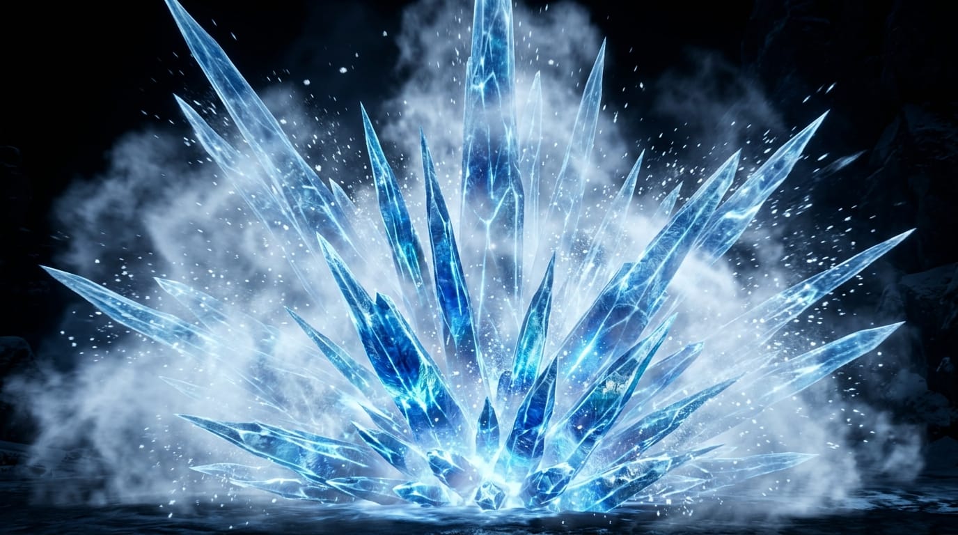 氷の魔法が発動する瞬間のエフェクト、画面下から鋭い氷柱が放射状に急速に成長する、冷たい冷気が白い霧となって周囲に広がる、深い青とシアンの輝き、黒い背景、ゲームの戦闘シーン用VFX、シャープなエッジ、ダイナミックなアニメーション