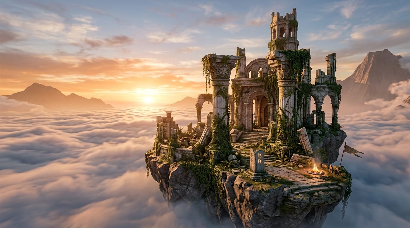 雲海の上に浮かぶ古代の遺跡、崩れかけた大理石の柱にツタが絡まっている、朝焼けのオレンジ色の光が遺跡全体を柔らかく照らす、雲がゆっくりと流れる、固定カメラ、静かで壮大なファンタジーRPGのタイトル画面向け背景、高精細な3Dゲームグラフィック風