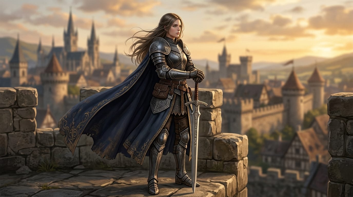 剣を構えて静かに立つファンタジーの女騎士、風でマントと髪がゆっくりと揺れている、穏やかな呼吸の動き、背景はぼやけた中世の街並み、近年の人気作品に見られる繊細な画風、被写界深度による立体感、ゲームのキャラクター選択画面の待機モーション