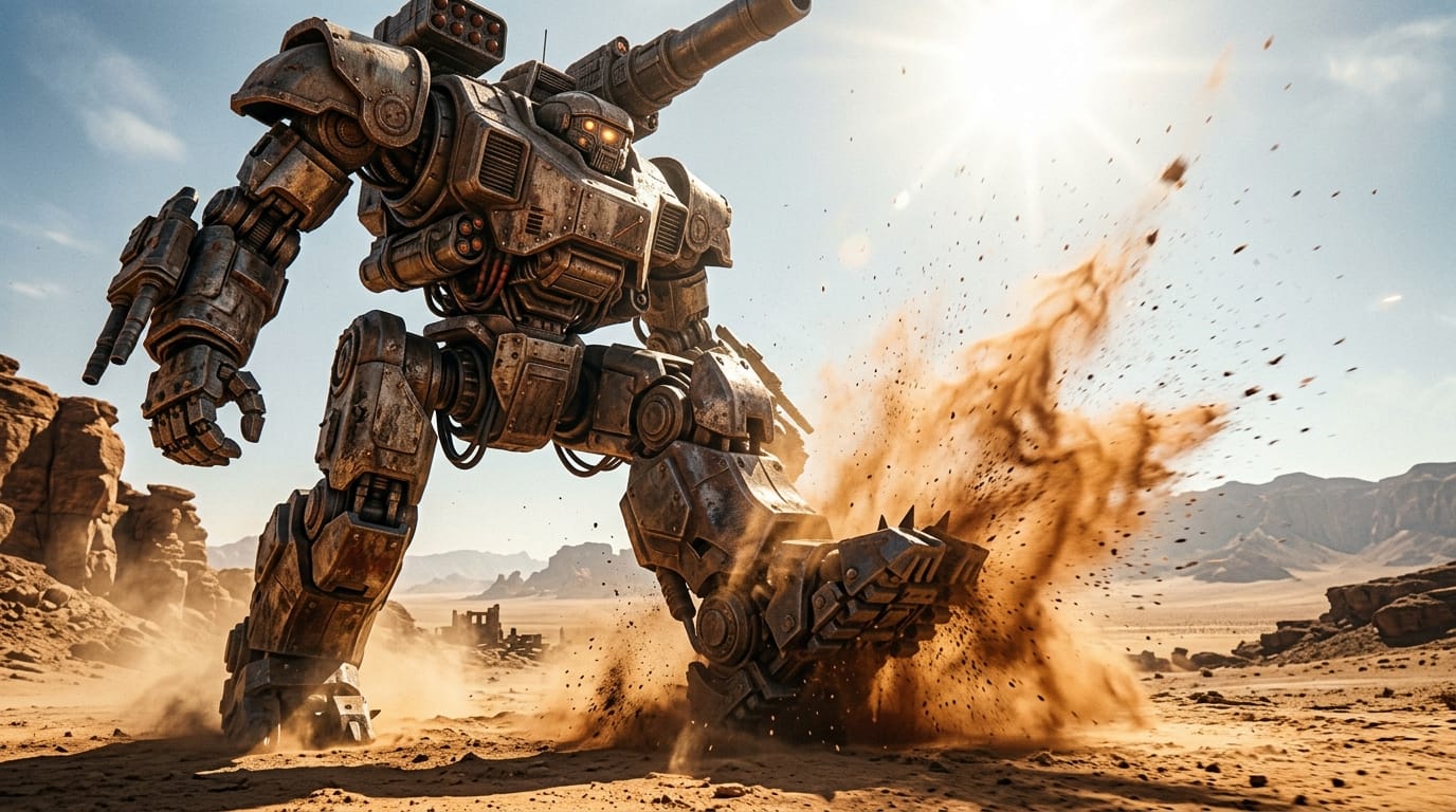 荒廃した砂漠を歩く巨大な機械の兵器、足を踏み出すたびに砂埃が舞い上がる、太陽が照りつける過酷な環境、ローアングルから見上げるような映画的カメラワーク、重厚な金属の質感、SFサバイバルゲームのプロモーション映像シーン