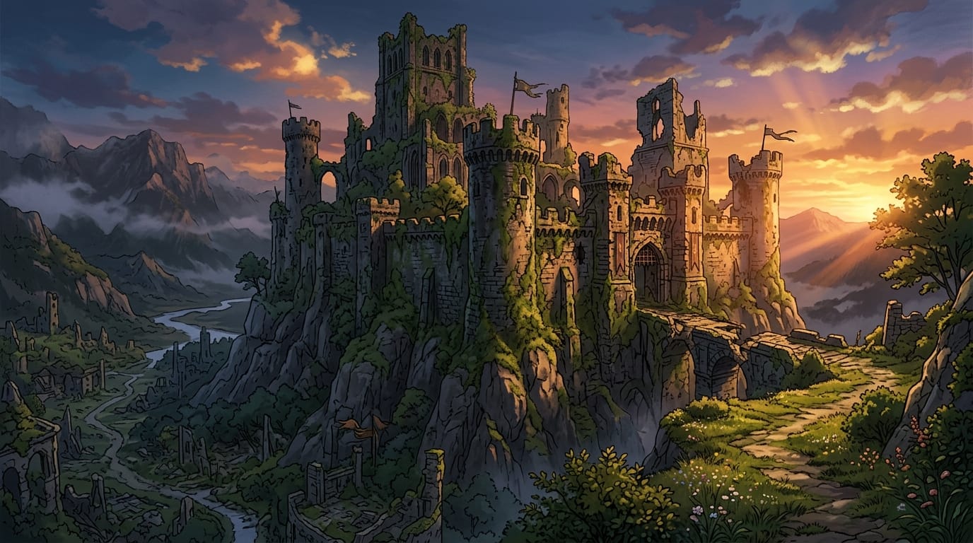 荒廃したファンタジー世界の城、苔むした石垣、夕暮れの斜光、繊細で緻密なアニメ調表現、手描き感のあるリッチな画風