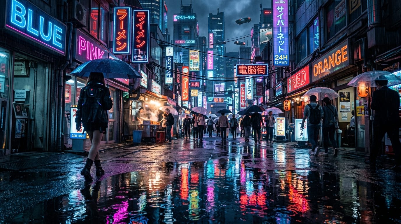 近未来のサイバーパンク都市、雨上がりのネオン街、水たまりに反射する光、シネマティックなライティング、8k解像度、フォトリアル